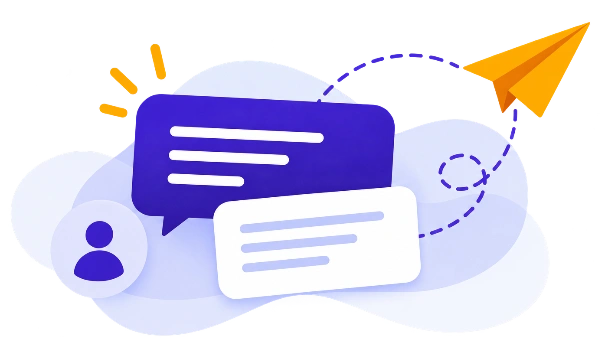 Technical support illustration with chat messages and a paper airplane representing fast customer support.